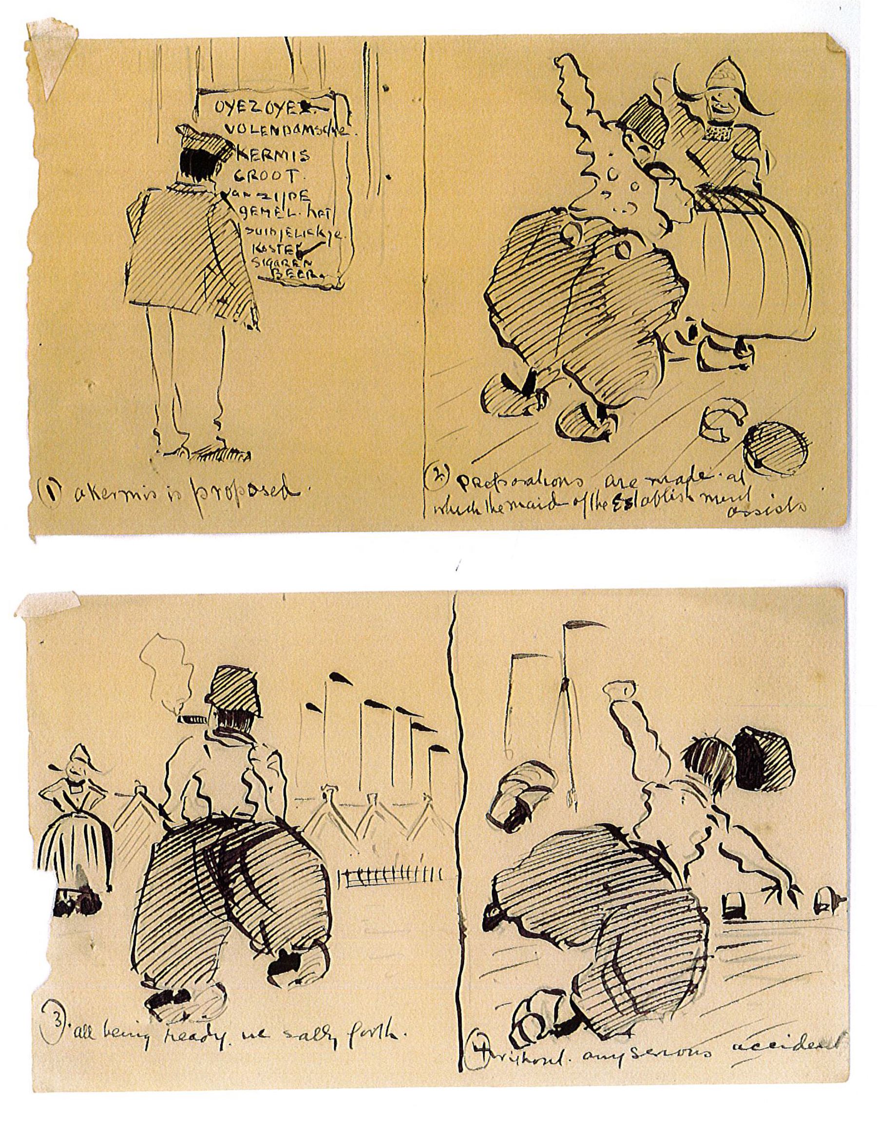 Frank Henry Mason (Staithes Group 1875-1965): Kermis Time at the Hotel Spaander Volendam - seven comical caricature sketches, pen and ink each titled and numbered 1 - 7 on five pieces of paper each 10cm x 17cm (unframed) Provenance: from the estate of Christine Dexter and by descent from the artist's sister Eleanor Marie (Nellie)