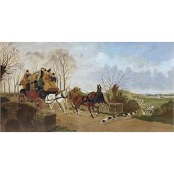 Attrib. Phillip Henry Rideout (British 1860-1920): The Leeds - London Stagecoach stopped for the Hunt, oil on board unsigned, inscribed verso 22cm x 42cm