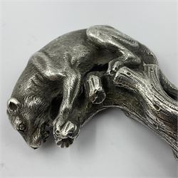 Victorian silver walking cane handle, modelled as a panther upon a tree branch, hallmarked London 1851, maker's mark worn and indistict