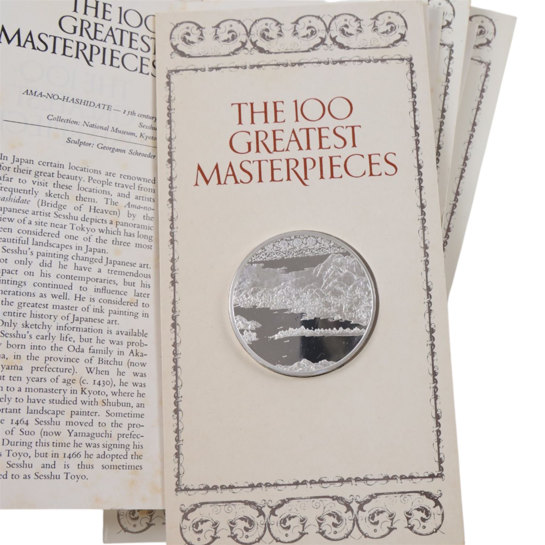 John Pinches 'The 100 Greatest Masterpieces' set of one hundred silver medallions, each on presentation card with information leaflet, together with the corresponding wooden display cabinet