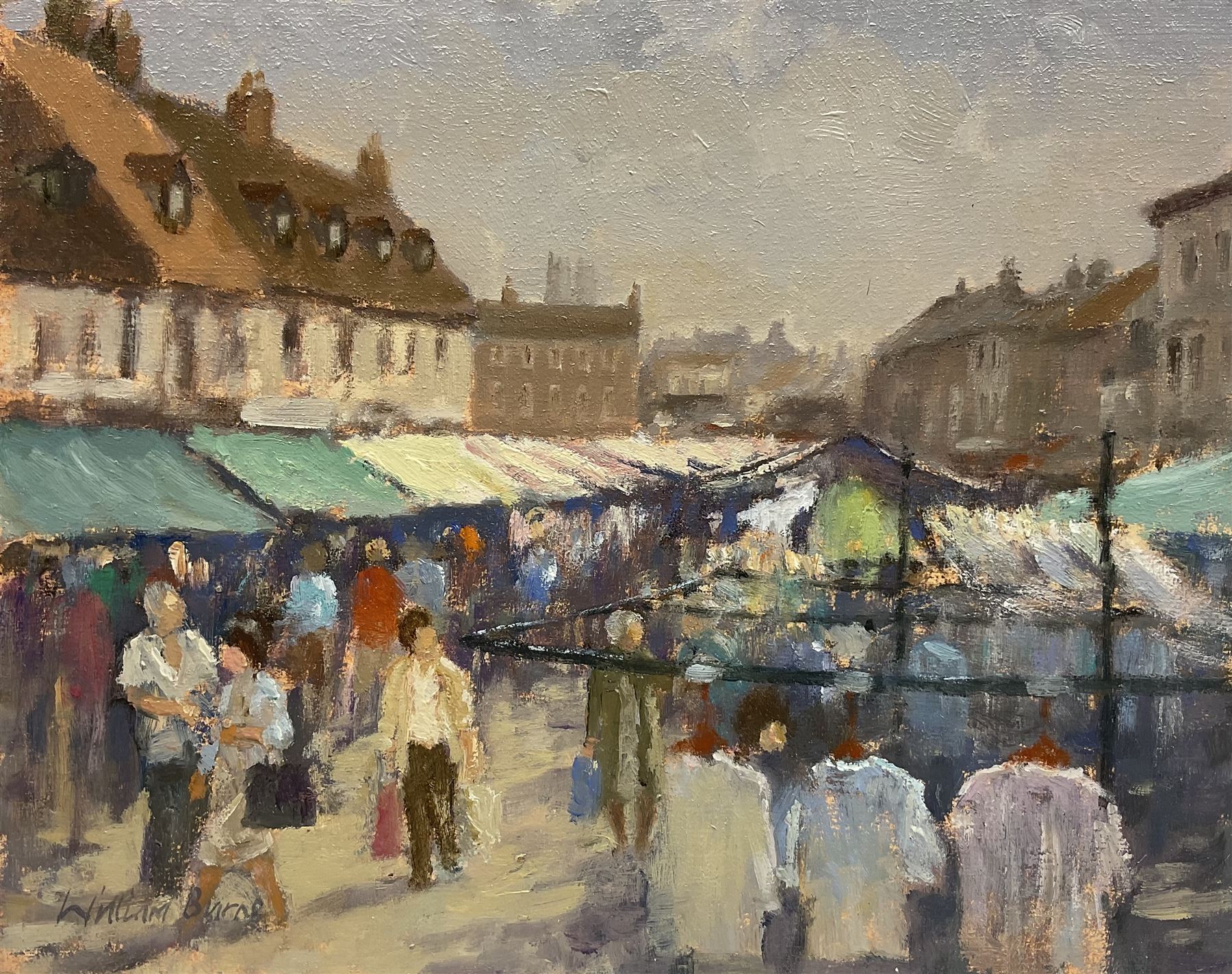 William Burns (Northern British 1923-2010): 'Beverley Market - Summer', oil on board signed, titled verso 20cm x 25cm (unframed) Provenance: Direct from the family of the artist.
Notes: Born in Sheffield in 1923, William Burns RIBA FSAI FRSA studied at the Sheffield College of Art before the outbreak of the Second World War, during which he helped illustrate the official War Diaries for the North Africa Campaign, and was elected a member of the Armed Forces Art Society. On his return, he studied architecture at Sheffield University and later ran his own successful practice, being a member of the Royal Institute of British Architects. However, painting had always been his self-confessed 'first love', and in the 1970s he gave up architecture to become a full-time artist, having his first one-man exhibition in 1979.