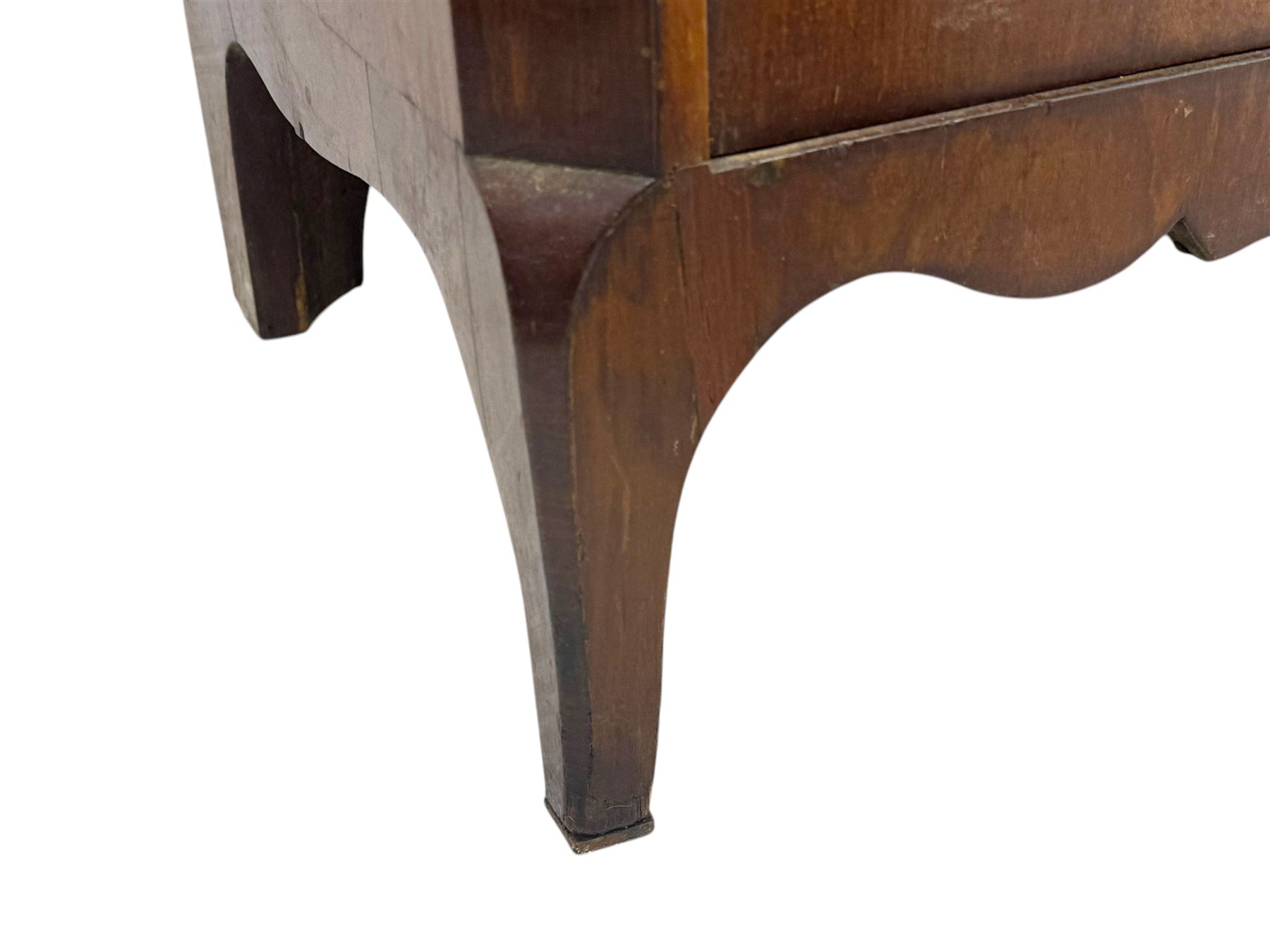 Early 19th century walnut secrétaire, rectangular top above full width drawer, hinged writing surface with green leather inset enclosing small drawers and shelves, lower section fitted with double cupboard enclosing additional shelves and drawer, raised on bracket feet with scalloped apron