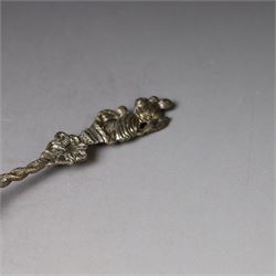 Late Victorian apostle topped sifting spoon, the finial depicting St Christopher, with entwined serpent handle and pierced gilt bowl, hallmarked Mappin & Webb, London 1890, in fitted retailers box for Catchpole and Williams Ltd