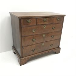 18th century oak chest, three short and three long graduating drawers, ogee bracket supports, W99cm, H90cm, D55cm