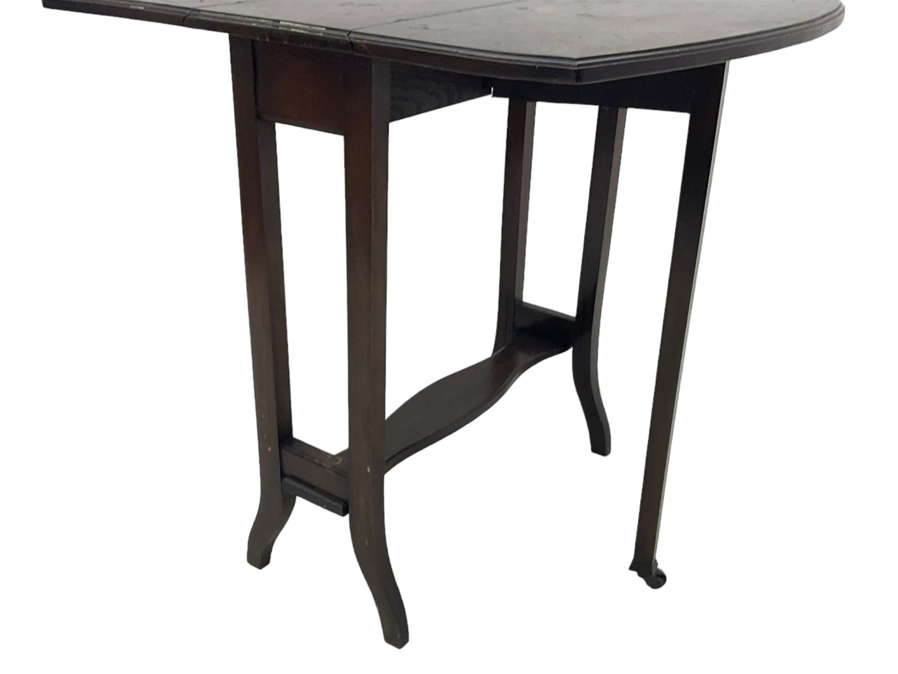 Early 20th century small walnut drop-leaf table, rectangular top with curved drop leaves, gateleg mechanism on slender supports united by shaped stretcher