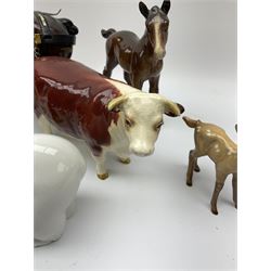 A group of figures, to include a Beswick model of a Cantering Shire Horse model no 975, Beswick foal, Beswick Herford Bull CH of Champions, Beswick stag and fawn, Roya Doulton figure group Childhood Memories First Love, Lladro polar bear, two Hummel figures, etc. 