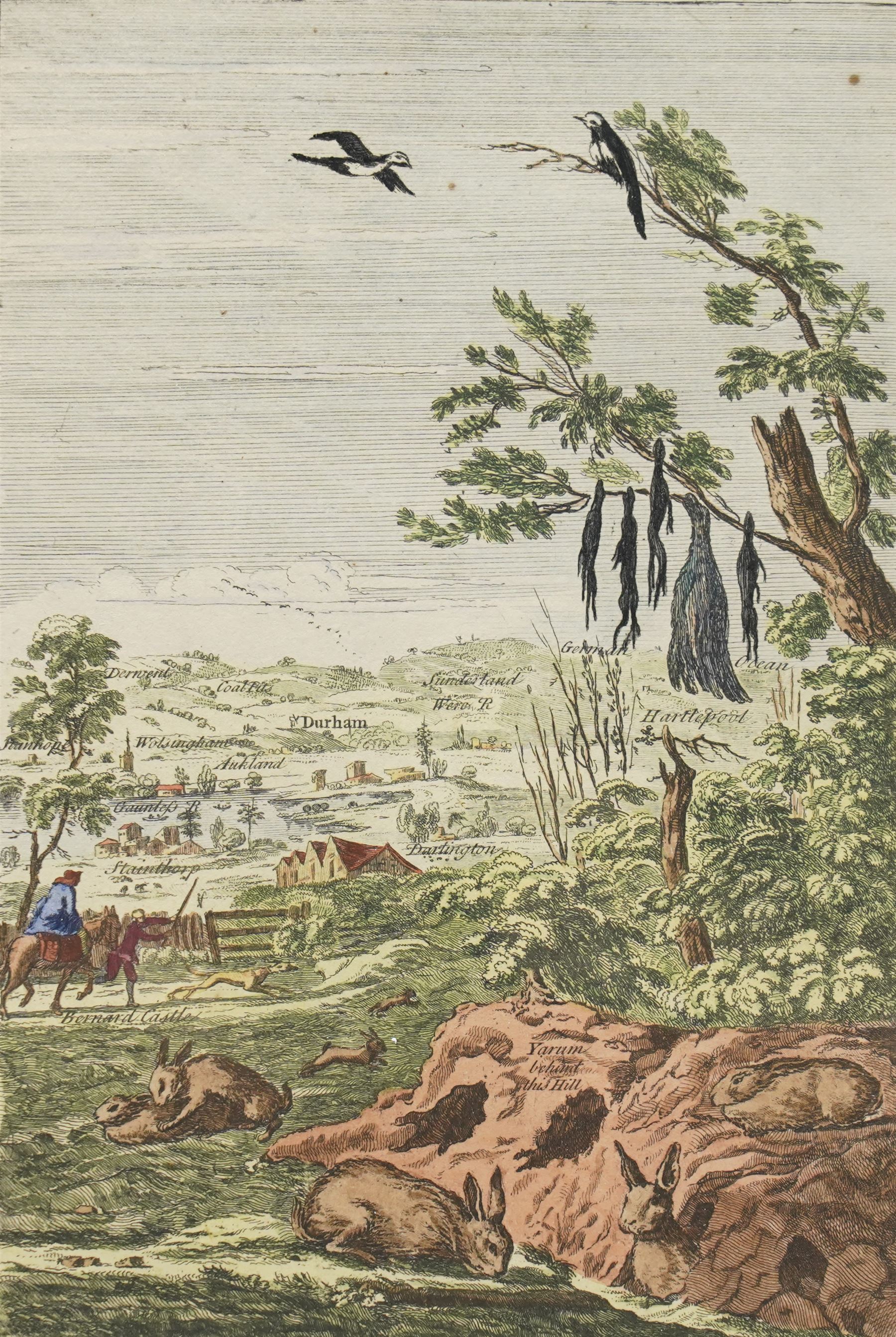 George Bickham Snr (British 1684-1758): Perspective Map of County 'Durham', rare 18th century birds-eye engraving with hand-colouring 24cm x 16cm