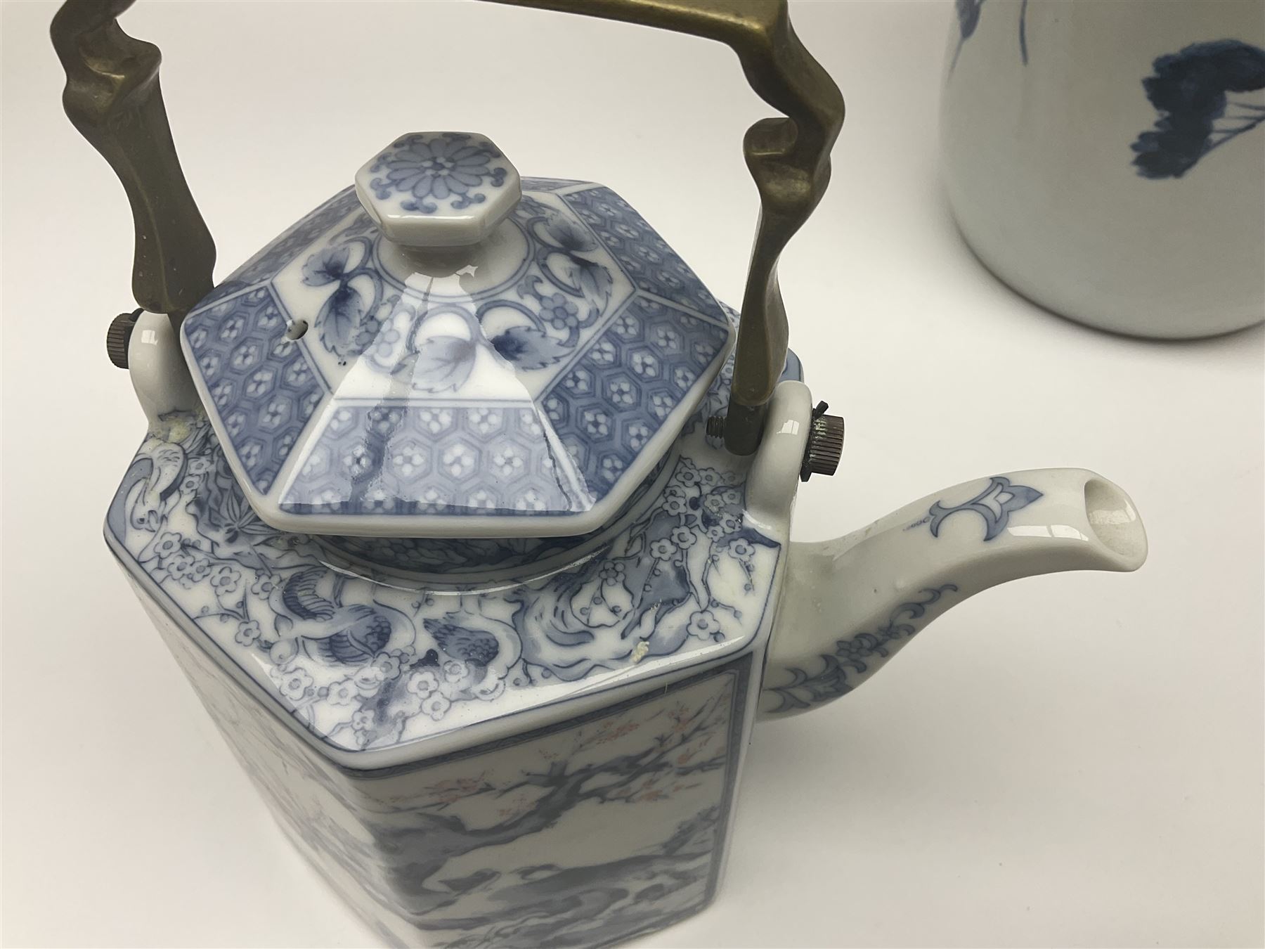 Chinese vase, decorated with vines and grapes and signed beneath, together with Chinese tea set of hexagonal form, comprising teapot and stand and six cups, vase H30cm