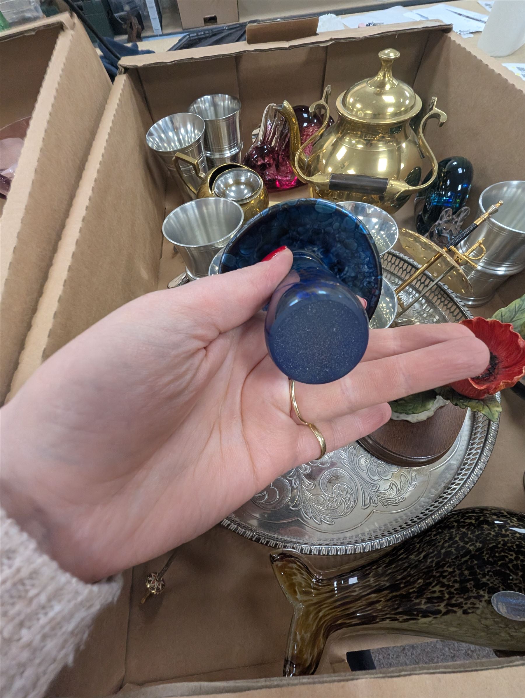 Five Wedgewood glass animals, iridescent mushroom paperweight, Type 6 Eccles brass safety lamp and a collection of metalware, glassware etc