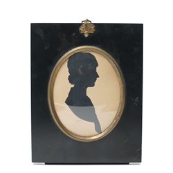 Pair of early 20th century oval male and female silhouette portraits, one indistinctly signed and in ebonised frames 11cm x 8cm, a silhouette of a Victorian lady with gilt highlights and a silhouette of Sir Alexander Thompson by W.W.M Esq, published by W Cribb April 1817 (4)