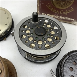 JW Young & Sons Ltd fly reel, in original packaging and three further reels
