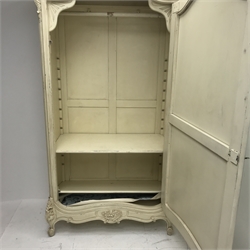 Large French style wardrobe, arched top with pediment, single mirrored door enclosing hanging rail and shelves, acanthus carved cabriole feet, W112cm, H240cm, D60cm