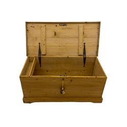 Victorian pine blanket box, hinged box lid, iron carrying handles