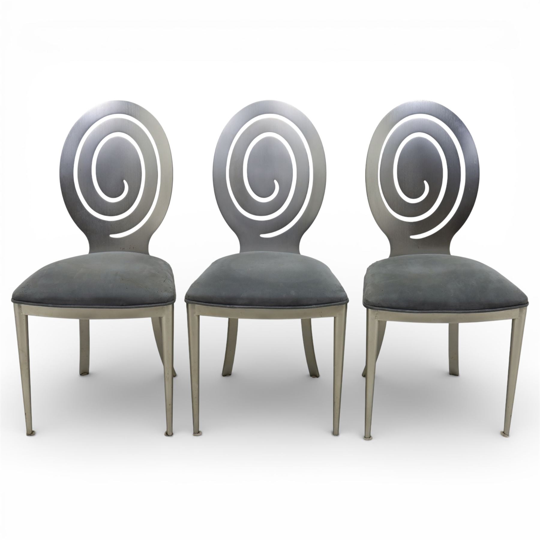 Ethan Allen - 'Radius' pair of stools and three chairs, metal pierced back with spiral cut out, plush blue velvet seat, raised on metal tapering supports