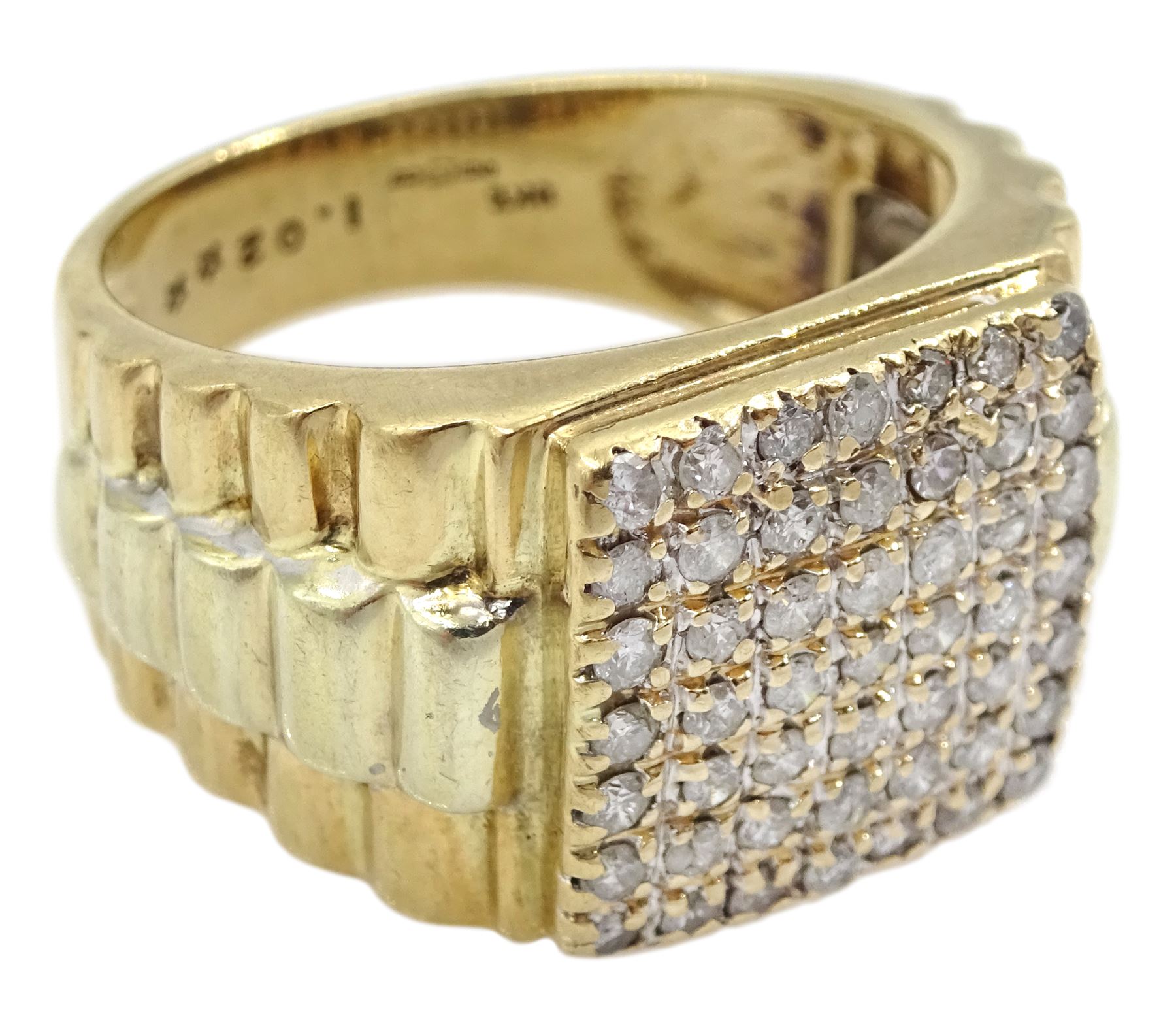 Gold gentleman's signet ring, seven rows of pave set round brilliant cut diamonds and two tone gold stepped shoulders, hallmarked 9ct, total diamond weight 1.02 carat