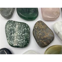 Fifteen mineral specimens, each cut and polished to highlight natural formations, including lapis lazuli, rose quartz, green aventurine, jasper, black obsidian etc, L4cm