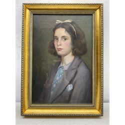 English School (Early 20th century): Young Girl with a Bow, oil on canvas unsigned 52cm x 34cm