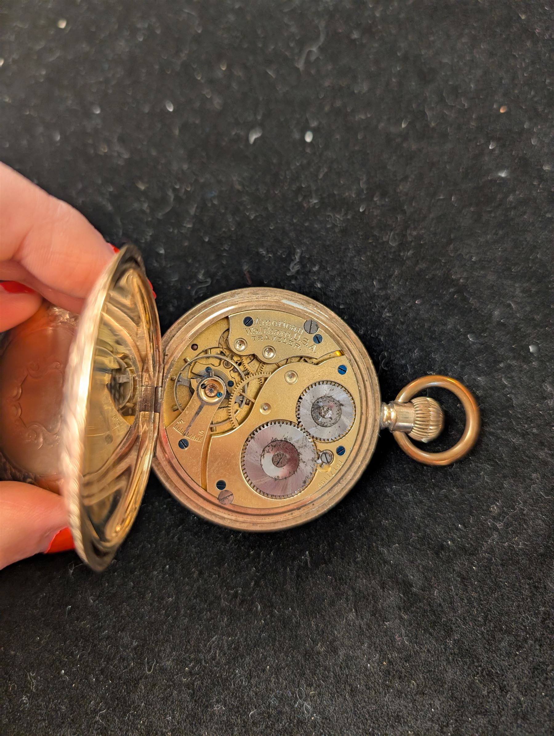 Waltham USA gold plated full hunter pocket watch, the white enamel dial with subsidiary seconds dial, the front cover engraved and embossed with blank cartouche in a floral border, the back cover engraved with stag