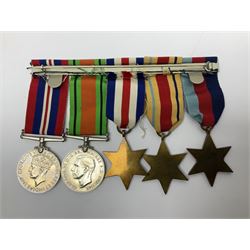 WWII group of five medals comprising 1939-45 War Medal, Defence Medal, 1939-45 Star, Africa Star and France and Germany Star on wearing bar; WWI British War Medal awarded to 142019 Pte. A. Thompson A.S.C.; and boxed King's Badge 'For Loyal Service'