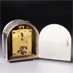 Chas Frodsham - Elizabeth II commemorative miniature carriage clock with platform lever escapement, gilt brass dial inscribed  'Elizabeth of Glamis' in domed silver case with chain handle H8cm London 1980 with key