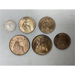 Queen Victoria 1898 and 1901 penny coins, 1901 halfpenny, 1887 sixpence, King Edward VII 1902 halfpenny and King George V 1911 halfpenny (6) 