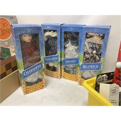 Collection of vintage and later toys and memorabilia to include Merlin’s Football sticker book, boxed child’s electric telephones, Only Fools and Horses money box, four boxed The Promenade Collection dolls etc in two boxes