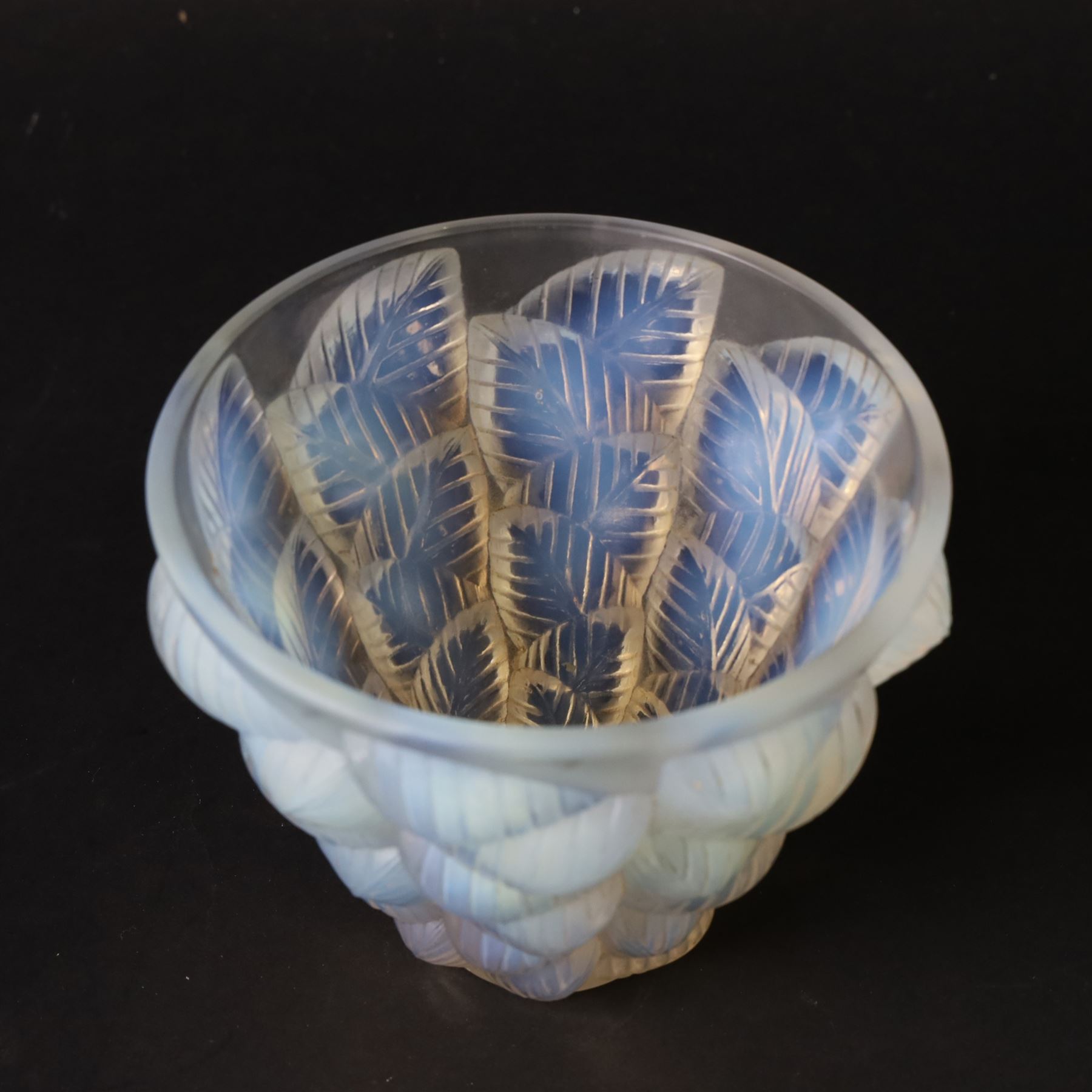 Rene Lalique (French, 1860-1945), Moissac pattern opalescent glass vase, model 992, designed circa 1930, moulded signature beneath, H13cm