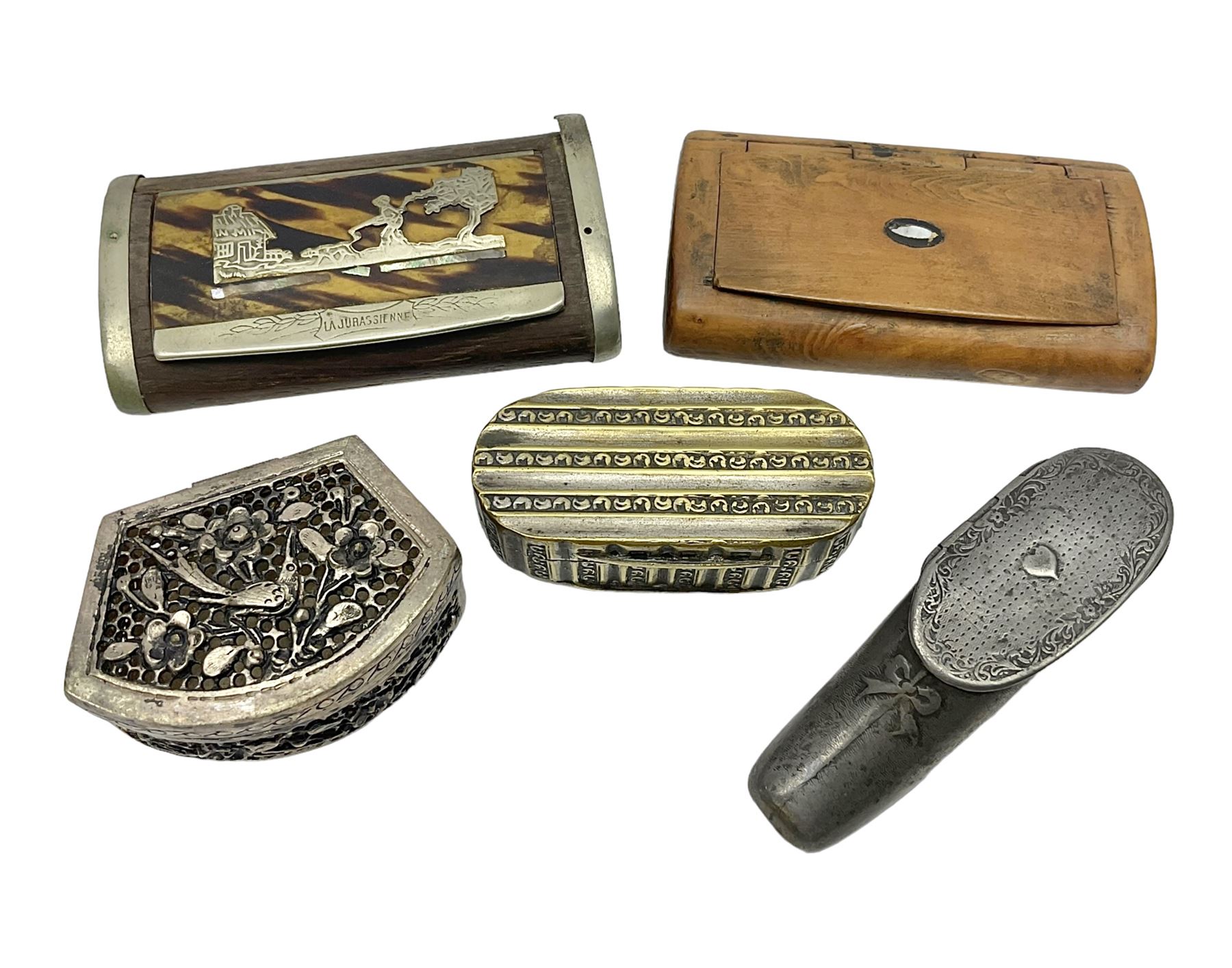 Five snuff boxes, including novelty snuff box in the form of a shoe, pierced example, rectangular hinged lid with white metal decoration and two others  