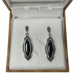 Pair of silver black onyx and marcasite pendant earrings, stamped 925, boxed 