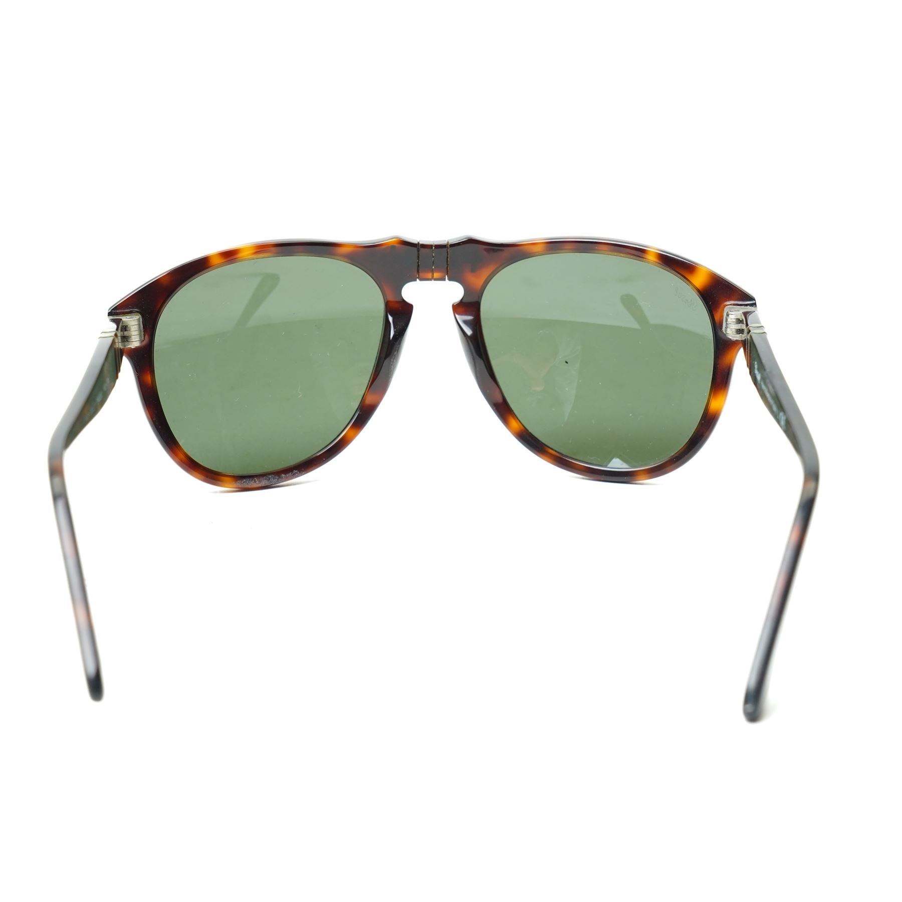 Persol tortoiseshell acetate sunglasses, handmade in Italy, with dark green lenses, signature silver-tone arrow hinges and keyhole bridge, temple interiors stamped Persol and CE marks, together with original Persol leather case