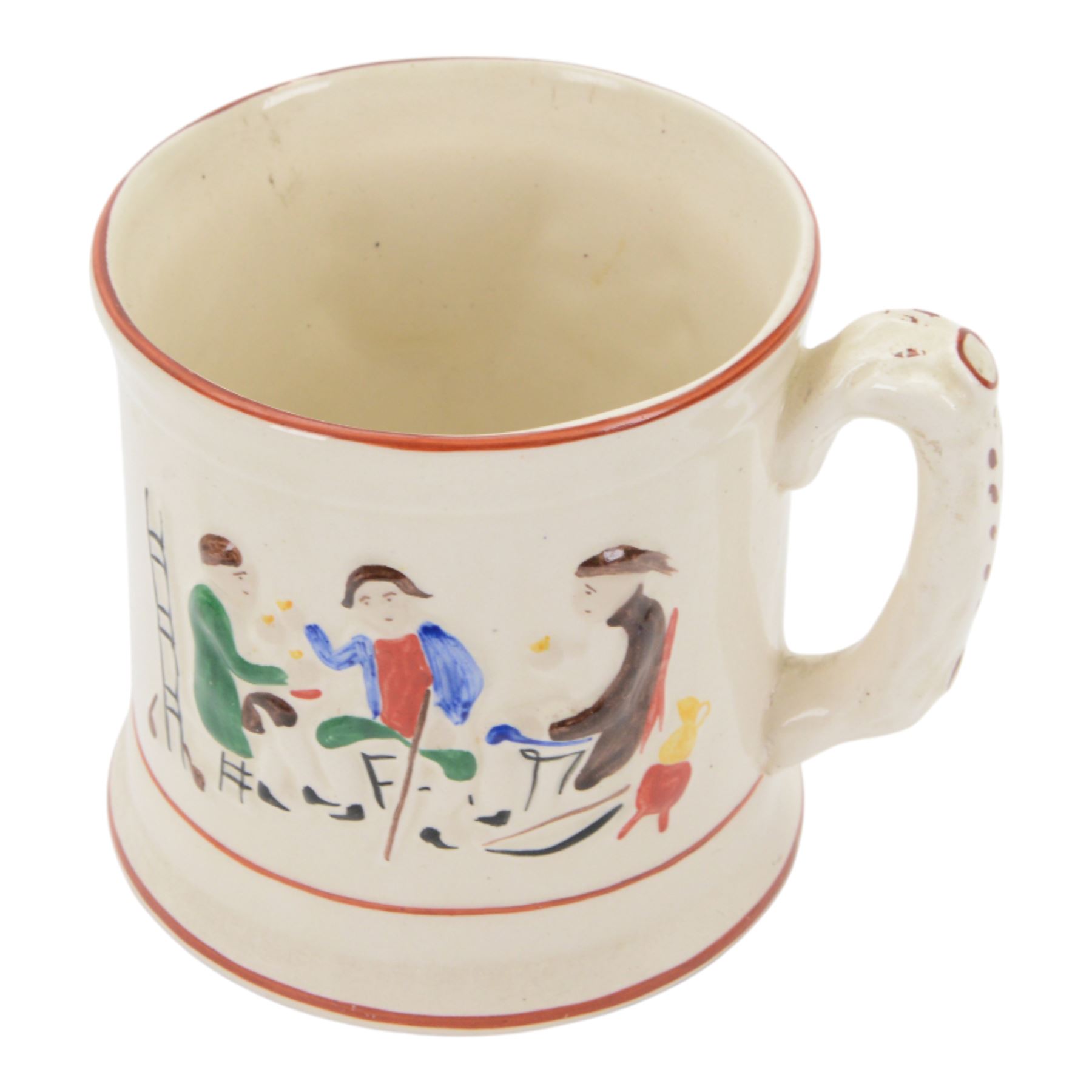 19th century frog and newt cup, decorated with a house in a landscape and cows, featuring a frog and newt inside the cup, together with three other frog cups 