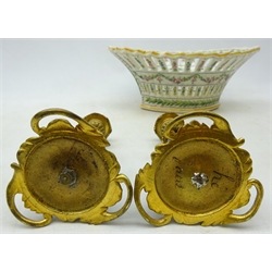  Pair Sevres style porcelain and Ormolu candlesticks, H17cm and  late 19th Century Continental porcelain chestnut basket, having pierced sides decorated with garlands of flowers, Sevres style mark to base, L32cm   