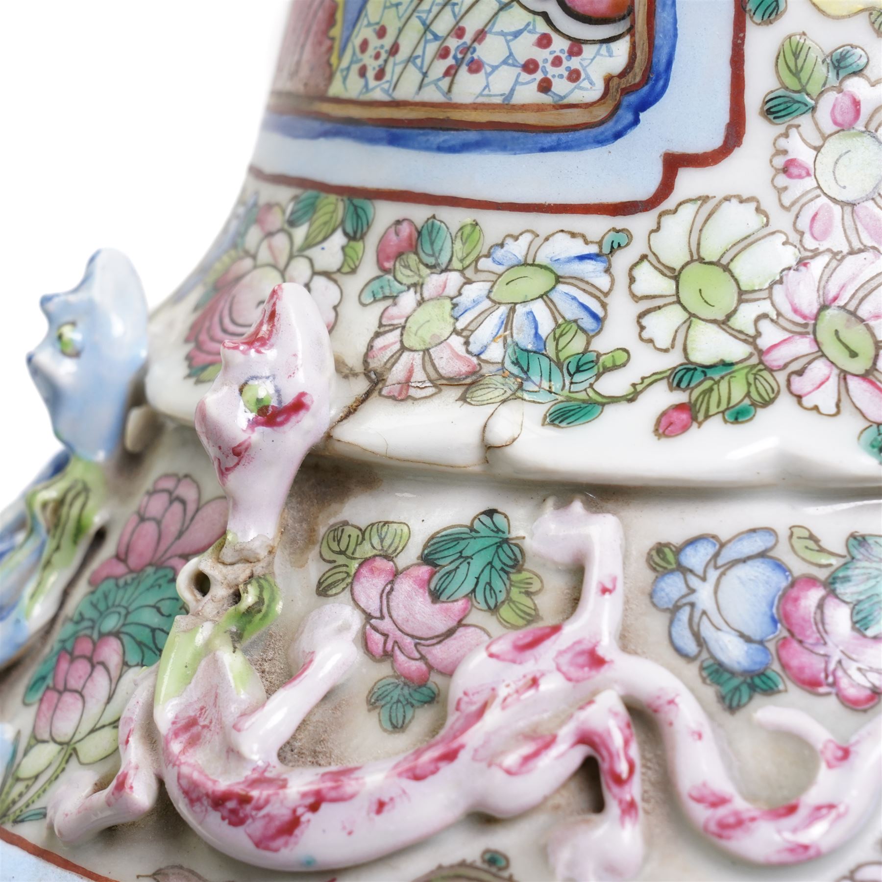 Large pair of 19th century Cantonese famille rose vases, each painted with various courtly scenes, including a display of warriors fighting on horseback before an official and his attendants, double Buddhist lion handles and applied at the shoulders with chilong, the lower band painted with Greek key motif, H58cm (2)