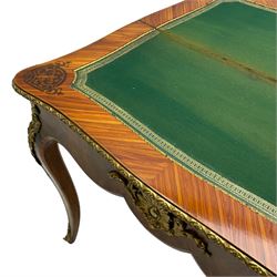 20th century French walnut and Kingwood card table, shaped fold-over top with figured quarter-matched veneers and floral egg and dart moulded edge in gilt metal, shaped aprons decorated with shell motifs with extending foliage, pull-out action base revealing storage well, on cabriole supports with ornate gilt metal mounts 