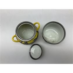 Chinese Hor Chung Wei Hai Wei tea set five pieces, bound by figurative pewter upon a decoration tray