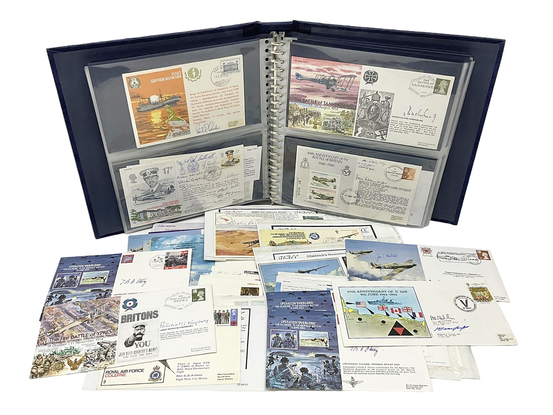 First Day Covers - approx. one hundred flying related and other military FDCs 1970s-2000s, mainly WW2 interest and bearing signatures; British, Channel Islands, Continental, Australia etc; signatures include Vera Lynn, J.H. Lacey, 'Johnnie' Johnson, Barnes Wallis, Bill Reid VC, various other gallantry medal winners, Dam Busters, Battle of Britain, Terence Otway, Leonard Cheshire, Stanford Tuck etc; loose and in a Benham album