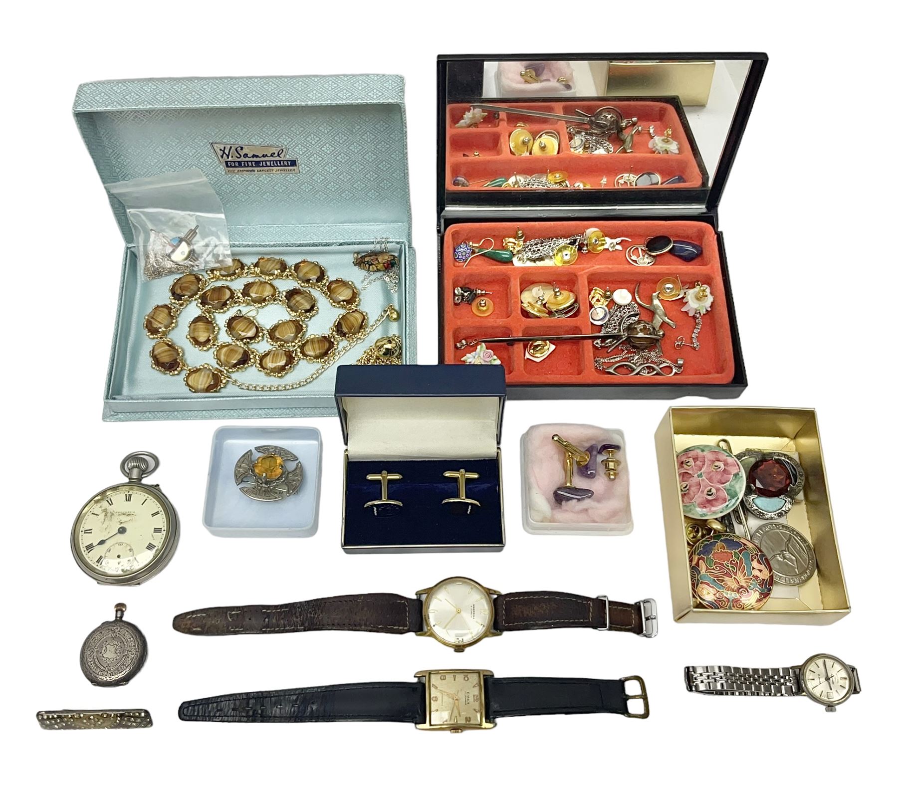 Scottish silver Ola Gorie arctic tern brooch and a matching pair of earrings, 9ct gold stud earrings, collection of costume jewellery, three wristwatches including Ingersoll and Rotary, a Freeman's Alright pocket watch and a continental silver fob watch stamped 935