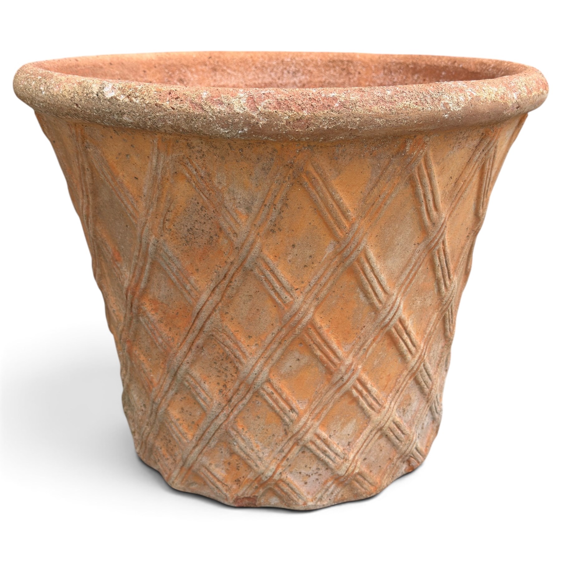 Terracotta pot of generous proportions with rolled rim and lattice design in relief