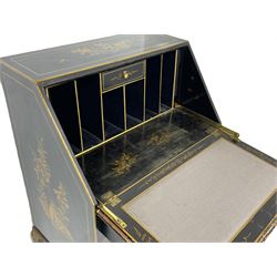 Early 20th century Chinoiserie lacquered bureau, raised gilt decoration, fall front enclosing divisions and drawer, three graduating long drawers, on cabriole supports