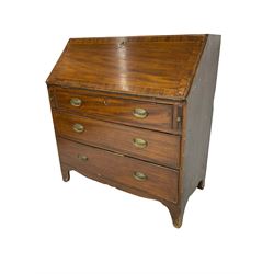 George III mahogany bureau, fall-front with crossbanding and stringing enclosing fitted interior, over three cock-beaded graduating drawers