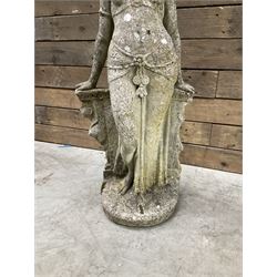 Pair of cast stone garden dogs and 2 female figures,