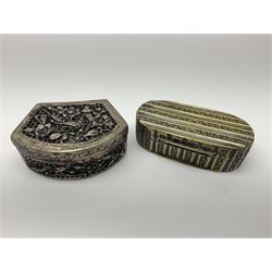 Five snuff boxes, including novelty snuff box in the form of a shoe, pierced example, rectangular hinged lid with white metal decoration and two others  
