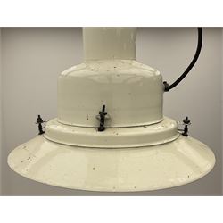 An industrial white enamelled ceiling light, H36cm approx.