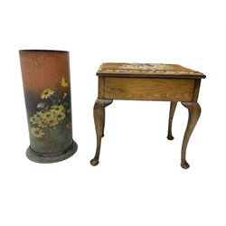 Painted tin stick stand, with dandelion decoration (H62cm); Piano stool, rectangular hinged seat with tapestry fabric, raised on cabriole supports (53cm  H54cm)