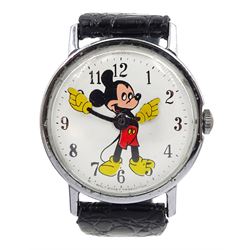 Walt Disney Production 'Mickey Mouse' stainless steel gentleman's manual wind wristwatch, on black leather strap