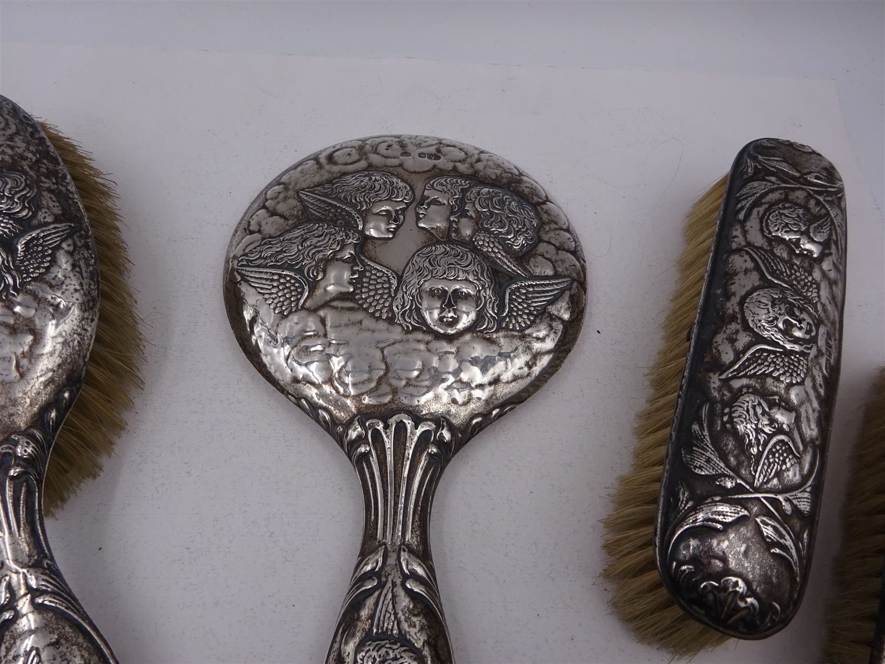 Antique Victorian Edwardian Sterling Silver Hairbrush Cherubs Angels Repousse Victorian Antique US Sterling Silver Brushes & Grooming Sets  main image 3