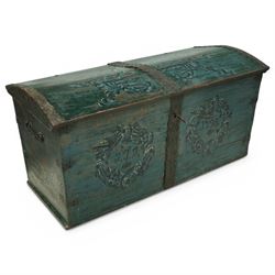 Late 18th Century painted oak dome top Scandinavian marriage coffer, with original lock an...