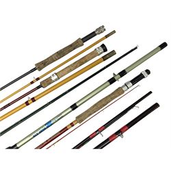 Quantity of fly and sea fishing rods and accessories, to include Shakespeare Boat 210 rod, Daiwa rod and others, and Guang Zhao FLD9000 course fishing reel, Beachmaster 7000FD, Rimfly II amd Penn Super Mariner, tackle etc