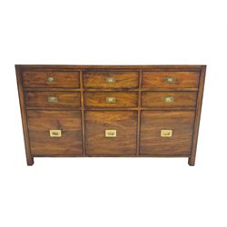 Cherrywood military style sideboard chest, fitted with nine drawers with recessed brass handles