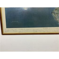 After Gerald Coulson, signed limited edition Solomon & Whitehead print with Fine Art Guild stamp entitled 'The Sinking of the Tirpitz' depicting an Avro Lancaster dropping its tallboy bombs on Tirpitz No.448/500, the mount signed by the artist and twenty members of 9th Squadron 60 x 72cm, mahogany stained frame
